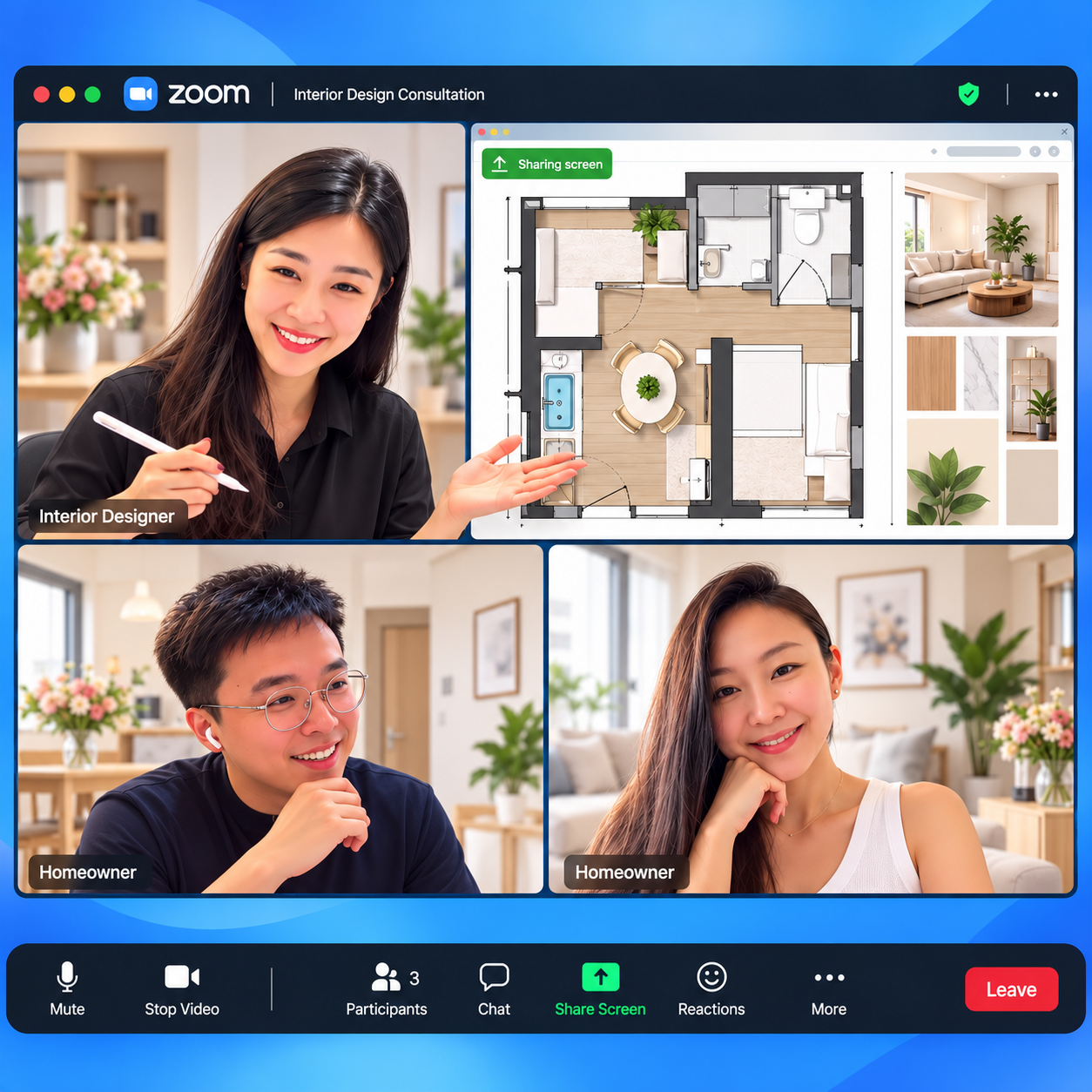Zoom call: interior designer screen-sharing a homeowner's floorplan
